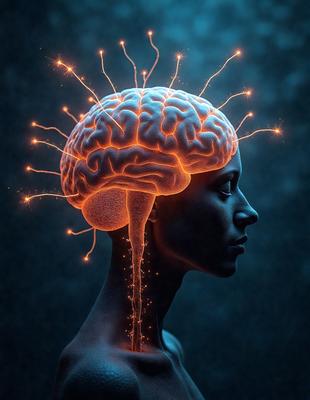 The primary subject of the image is a woman's head with a brain visible. The setting is a dark background, and the visual style is digital art. The colors and mood of the image are predominantly dark, with the brain and the woman's head being the main focus.